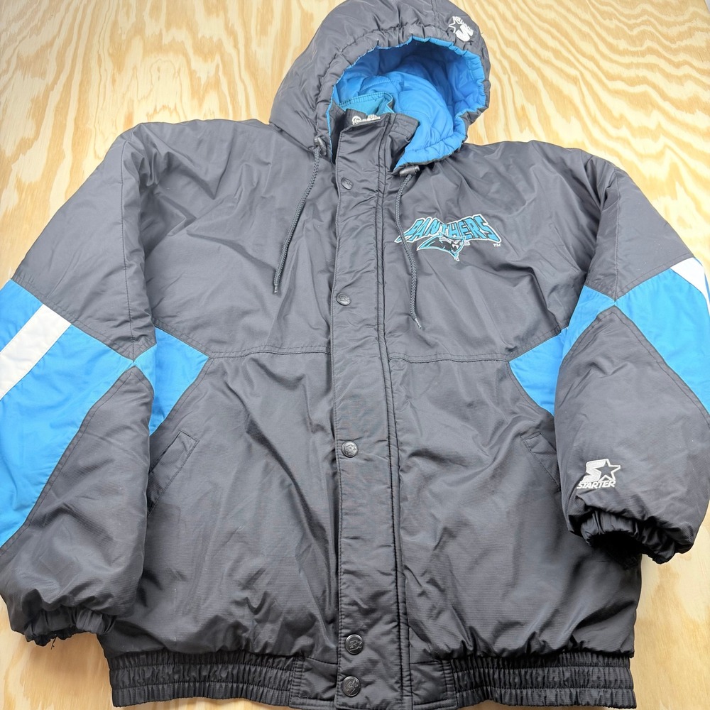 Vintage Starter NFL Carolina Panthers Puffer Jacket Black Blue Mens XL Parka 90s